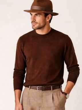 Men's Brown Silk Cotton Crewneck Sweater Large Minilmalist